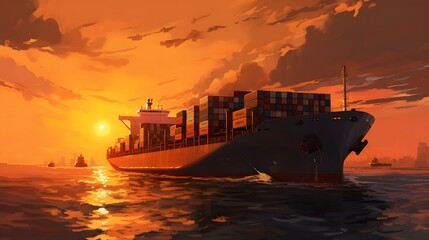 Majestic container ship sailing across the open ocean under a breathtaking golden sunset sky  The tranquil seascape showcases the power and scale of international maritime trade and logistics