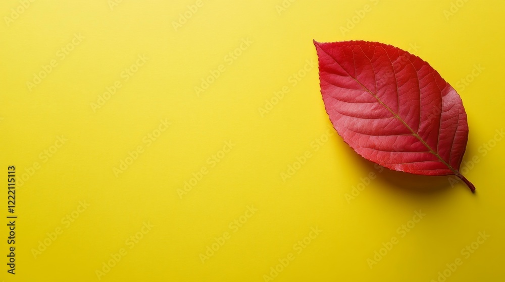 Aufkleber a close-up view features a single red autumn leaf lying on a soft yellow background, highlighting th