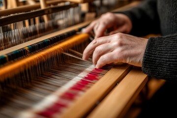 Hands of an artisan deftly weave colorful threads on a wooden loom, capturing the essence of craftsmanship in a dedicated workshop