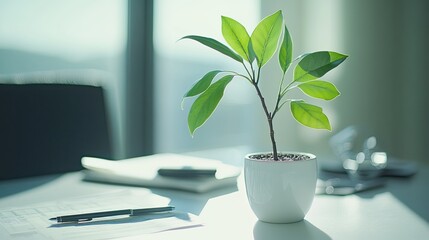A clean white desk with financial reports, a pen, and a plant representing business growth and prosperity.