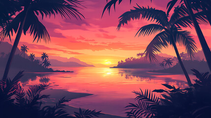 Obraz premium A tropical beach at sunrise with vivid pink and orange skies reflecting on the water. Palm trees silhouette the scene adding to the harmonious tropical vibe 