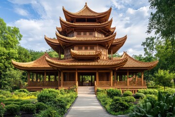 Fototapeta premium A wooden pagoda with tiered roofs, intricate detailing, and a serene garden path leading to the entrance