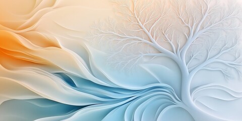 Frozen Tree Background. Elegant White Tree with Delicate Branches Over Flowing Abstract Shapes in Soft Winter Colors. Ideal for Fantasy, Nature, and Holiday Designs. AI generated