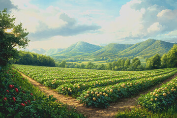 Naklejka premium Green fields with potatoes vibrant landscape of farmland lush green grass healthy crops thriving under sunlight picturesque agricultural scenery showcasing natures beauty in rural settings