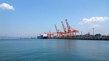 Fototapeta premium A container terminal at an international seaport with cranes unloading goods.