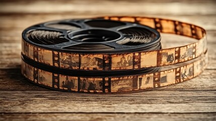 Vintage film reel on wooden surface.