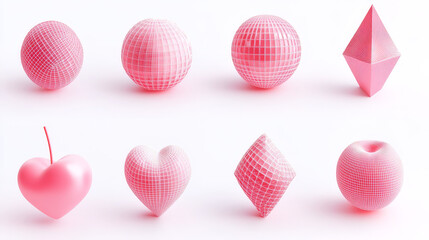 Abstract wireframe shapes set isolated on background. Vector illustration of 3D grid geometric icons, y2k mesh cube, globe, heart, cherry, pillar, star, cone, landscape structure, cyber space elements