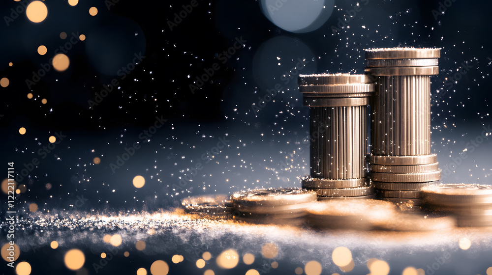 Poster Stacks of coins with sparkling particles create a rich, elegant atmosphere
