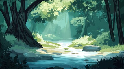 Serene Forest Stream Sunlight Dappled Scene