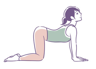 女性のヨガのポーズ。手描き風、ベクターイラスト素材。