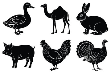 Farm and Domestic Animals set, Animals silhouette collection vector illustration