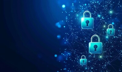 Secure document sharing solutions concept, futuristic digital network with glowing padlock icons connected by lines, representing encrypted file transfer & data protection on abstract blue background