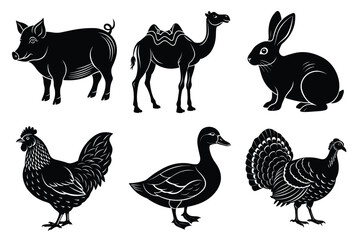Farm and Domestic Animals set, Animals silhouette collection vector illustration