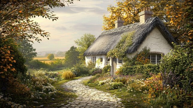 an illustration of a quaint English cottage with thatched roofing and a stone pathway.