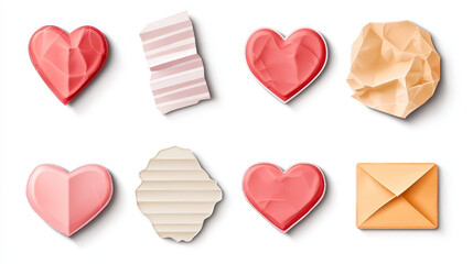 White glued stickers or crumpled paper patches mockup. Blank shrunken labels of different shapes round, square, heart, stripe and rectangle wrinkled emblems with curve edges, Realistic 3d vector set