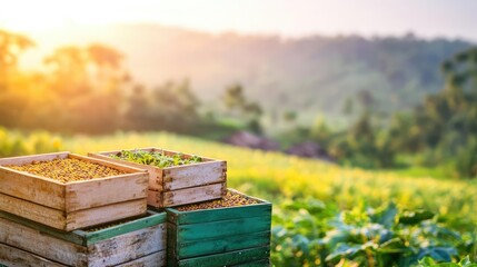 Foods security gardening idea. Sunset over vibrant fields with stacked crates of fresh produce, symbolizing agriculture.
