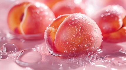 3D realistic peaches with water droplets.