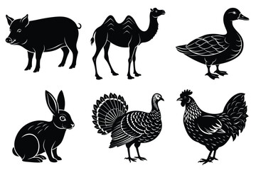 Farm and Domestic Animals set, Animals silhouette collection vector illustration