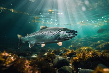Fototapeta premium Underwater shot of a salmon actively searching for food among rocks and aquatic plants in a clear river during midday
