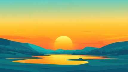 Serene Sunset Over a Winding River and Mountains