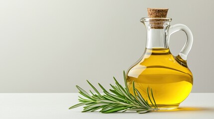 Fresh Rosemary and Golden Olive Oil in Glass Decanter Culinary Herbs Healthy Cooking Ingredients