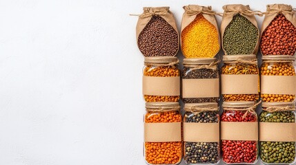 Collection of Organic Legumes and Grains in Glass Jars and Paper Bags