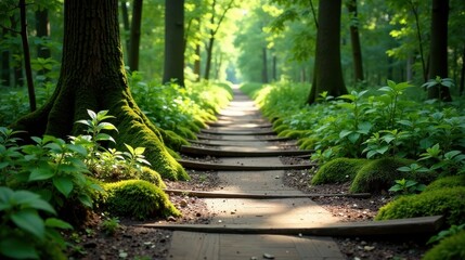 Obraz premium Sunlit Woodland Path A Serene Walk Through Lush Greenery and Mossy Trees
