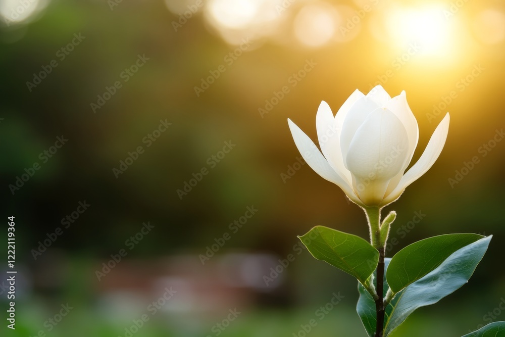 Aufkleber a close-up view of a white magnolia flower with vibrant green leaves, set against a softly blurred b