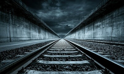 Fototapeta premium Train tracks disappearing into the distance under a stormy sky, ideal for travel or infrastructure projects