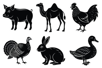 Farm and Domestic Animals set, Animals silhouette collection vector illustration