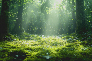 Fototapeta premium Mystical mossy clearings in a lush forest filled with vibrant green grass towering trees and serene natural beauty creating a peaceful and enchanting atmosphere for exploration and discovery