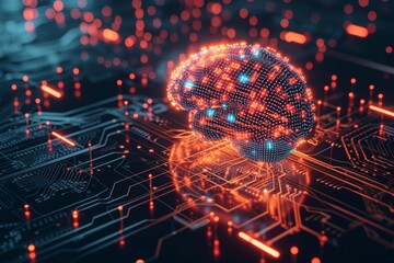 The neural interface showcases a human brain depicted with bright digital elements interacting with a complex network of circuitry