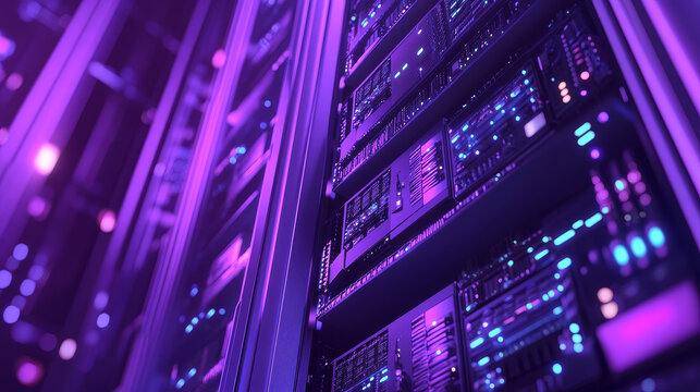 Isometric data center, server room equipment, hardware racks or web hosting infrastructure icons isolated on ultraviolet background, database storage technology, cloud computing services 3d vector set