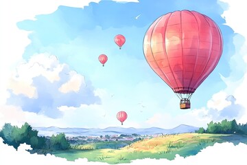 Fototapeta premium A vibrant watercolor illustration of hot air balloons floating in a blue sky over a green field.