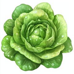 Fototapeta premium Fresh Green Lettuce with Water Droplets, Close-up View of Leafy Vegetable for Healthy Eating and Culinary Presentation