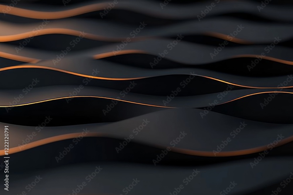 Poster Abstract 3D metallic waves create a fluid design with smooth curves and captivating reflections, evoking elegance and tranquility on a dark backdrop