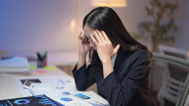 A woman in a business suit is sitting at a desk with a stack of papers in front of her. She is stressed and is talking on her cell phone