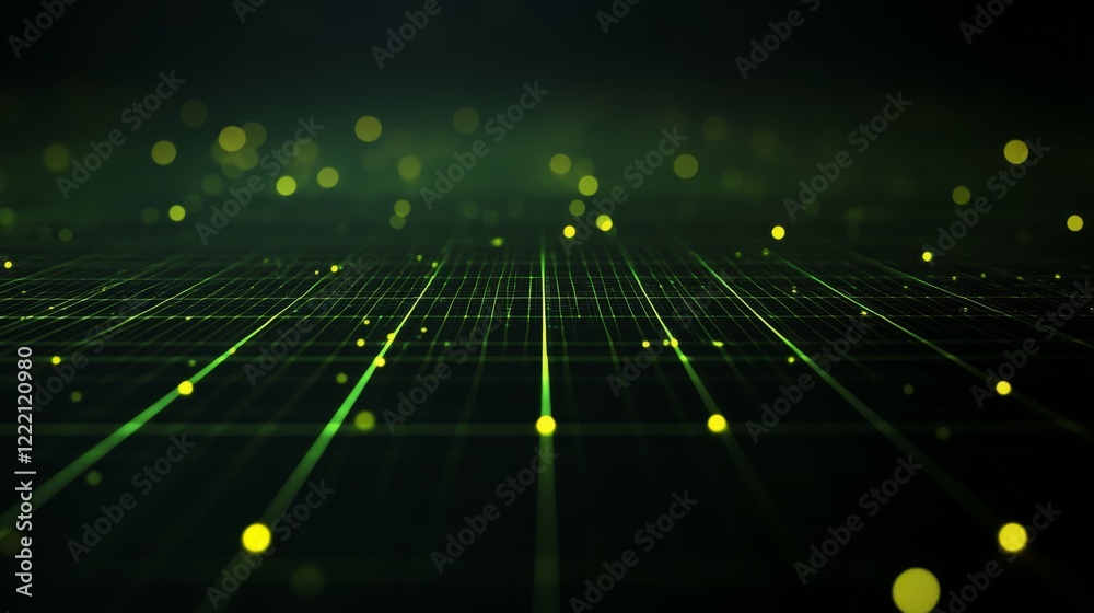 Fototapete Abstract digital grid features glowing green lines and yellow nodes on a dark background, creating a high-tech feel and depth with ample copy space on the left