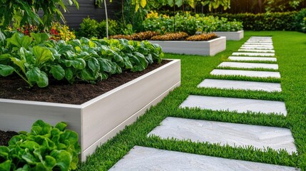 Obraz premium Outdoor living gardening concept. A beautiful garden path leading through fresh vegetable beds on a sunny day.
