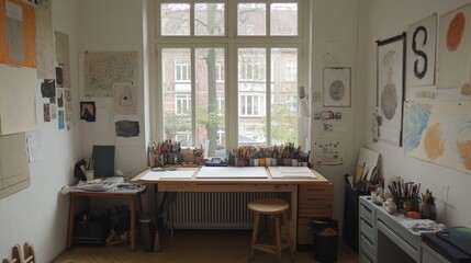 Bright and cozy art studio with a large window, simple desk, and creative tools neatly arranged.
