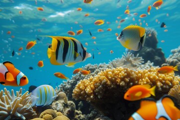 Obraz premium Vibrant tropical fish swim gracefully among colorful coral reefs in a thriving underwater ecosystem during a sunny day in a tropical paradise