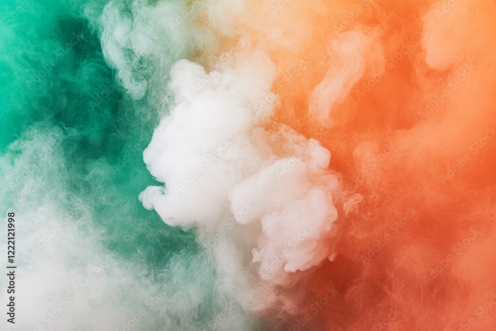 Poster colorful smoke in white, green, and red hues blends together against a dark background, creating an 