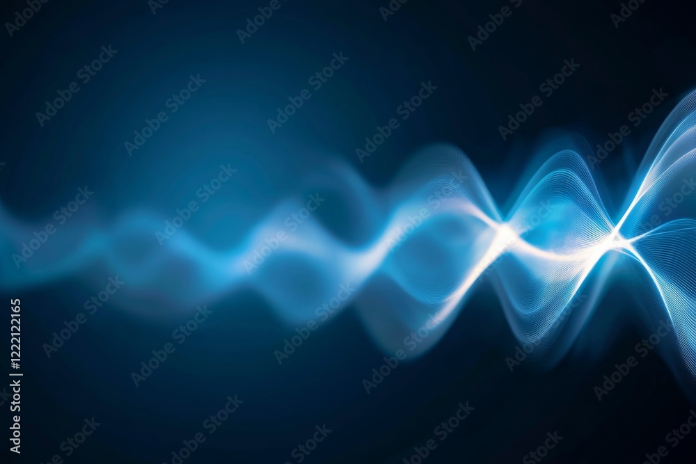 Poster Bright particles dance in swirling patterns, reflecting dynamic energy that resembles sound waves. The composition allows for ample copy space on the right side