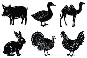 Farm and Domestic Animals set, Animals silhouette collection vector illustration