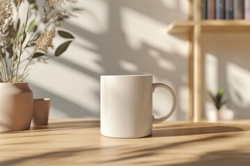 Minimalist Coffee Mug on Wooden Table with Natural Light Shadows