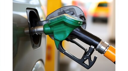 petroleum fuel nozzle refueling up gasoline to a car at gas station.