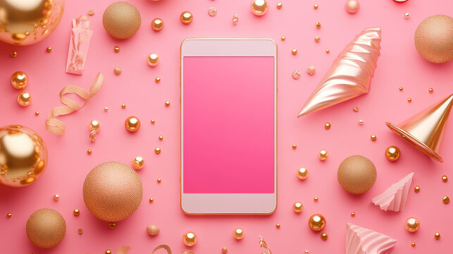 Abstract design with smartphone mockup in round frame of geometric 3d shapes hemisphere, octahedron, sphere, cone, cylinder and icosahedron on pink background with gold pearls, vector mobile rendering