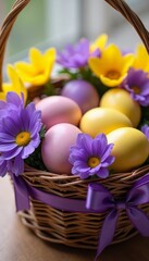 Wicker basket with purple and yellow flowers, purple ribbon and Easter colored eggs. Greeting card.