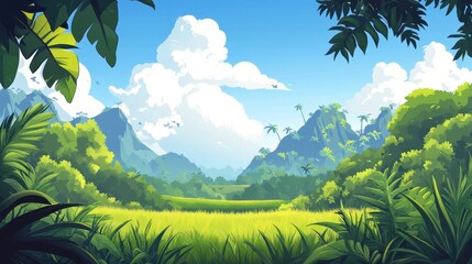Fototapeta premium Lush Tropical Valley Landscape Under Sunny Skies