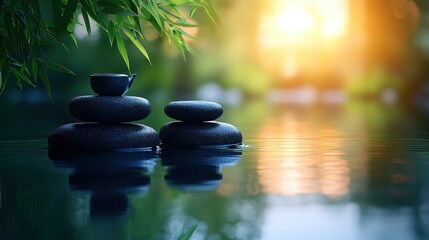 Obraz premium Serene Sunset: Zen Stones and Teacup Reflection in Tranquil Water